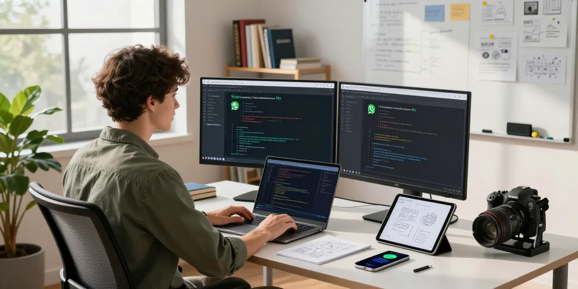 Developer using WhatsApp網頁版 in a modern workspace filled with tech gadgets and coding screens.