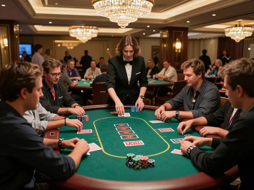 Experience the excitement of 78wind poker game at upscale casino, showcasing players and dealer in action.