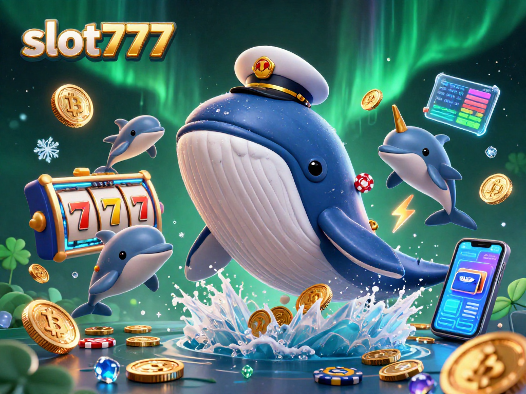 Experience thrilling gameplay with slot777 as the whale breaches through golden coins and slot reels.