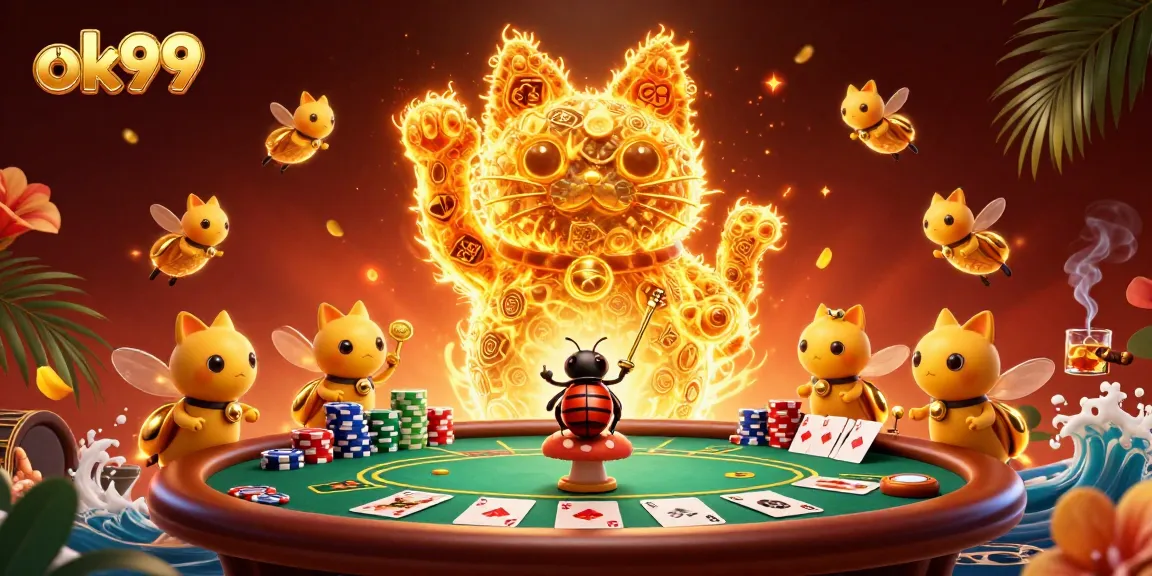 Engage with the excitement of ok99's vibrant casino scene featuring a lucky cat and poker elements.
