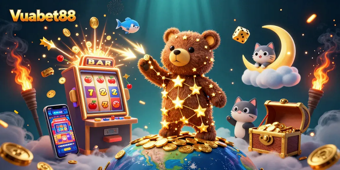 Win big at Vuabet88 with engaging 3D casino illustration showcasing vibrant games and jackpots.