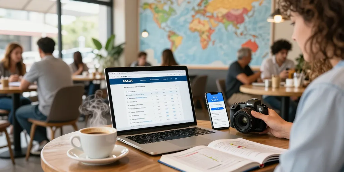 Cupones eSIM displayed on laptop with travel guide at a bustling café.