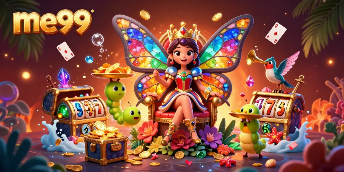 Experience me99's vibrant gaming world as the butterfly queen reigns over lavish slots and treasures.