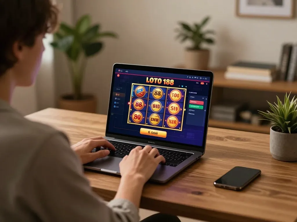 Engaging in online slots at LOTO 188 with a cozy home setup promoting responsible gaming.