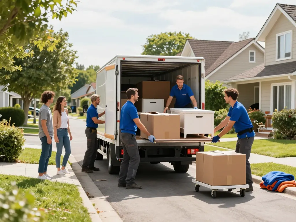 Das Team des Umzugsunternehmens Hannover lädt effizient einen Umzugswagen mit Kisten, um ein stressfreies Umzugserlebnis zu gewährleisten.