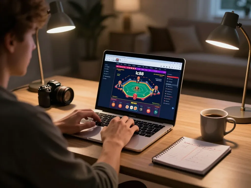 Player strategizing on lc88 casino platform during online gaming session at home.