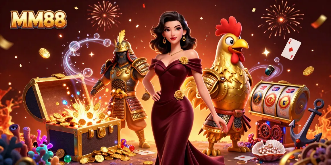 Join MM88 with exciting slot games and dynamic treasures in this 3D casino scene.