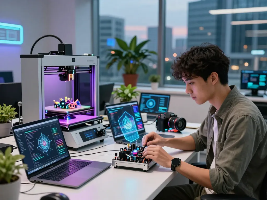Futuristic tech workshop highlighting top 10 tech gadgets 2030 with an engineer creating innovative devices amidst advanced technology.