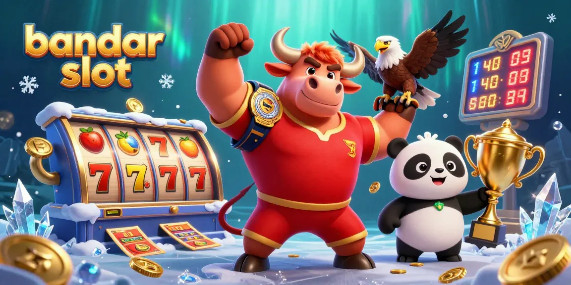 Engage in the exciting world of bandar slot with a dynamic, victory-themed 3D illustration featuring vibrant characters and slot elements.