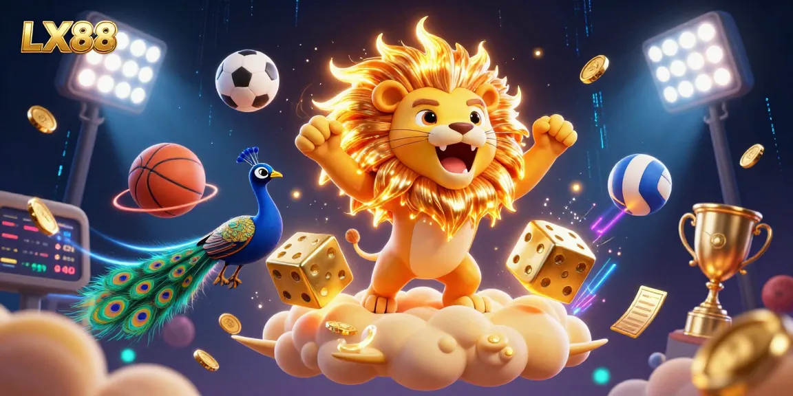 Engage with exciting LX88 game elements as vibrant golden dice and a roaring lion create a lively casino atmosphere.