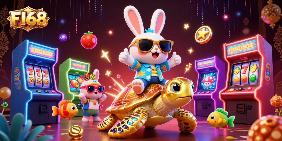 Win big with F168 in this vibrant 3D casino scene featuring slots and lucky symbols.