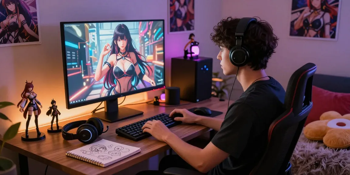 Engaging in ai hentai chat with an AI-generated character on vibrant monitor in cozy bedroom.