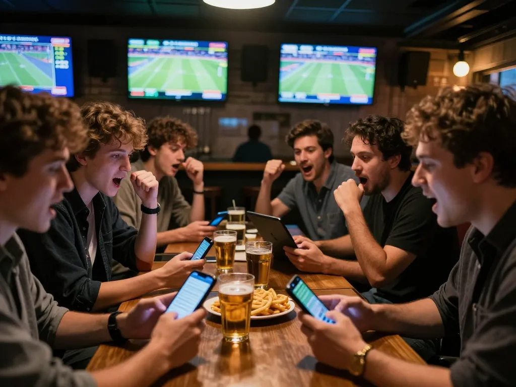Sports bettors reviewing ty le keo nha cai on mobile devices at a lively sports bar