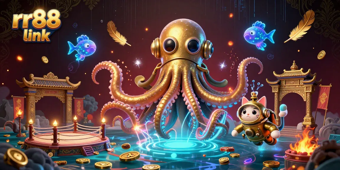 Engage with the rr88 link in a vibrant 3D world featuring a kraken, diving cat, and shimmering deep-sea fish.