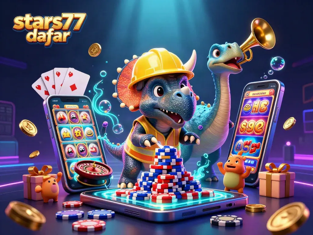 Permainan menarik di daftar stars77 dengan simbol slot dan chip poker berwarna-warni.