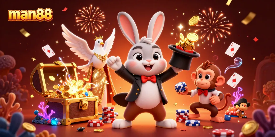 Experience thrilling wins at man88 with a cartoon magician pulling coins, classic cards, and vibrant casino elements.
