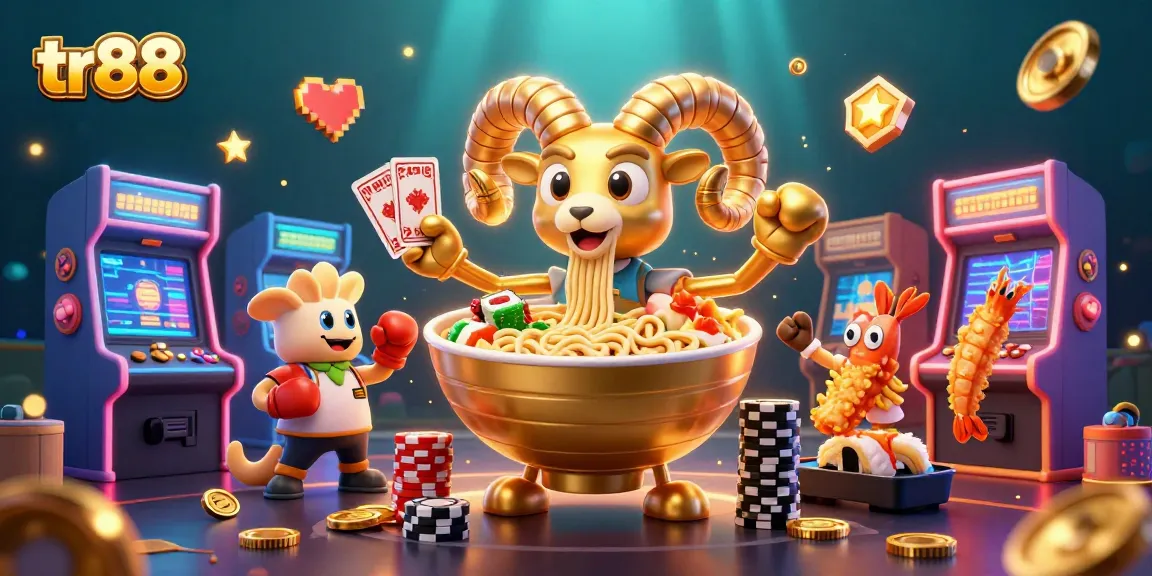 tr88 showcases a vibrant casino scene with a giant ramen bowl dealer and colorful game machines.