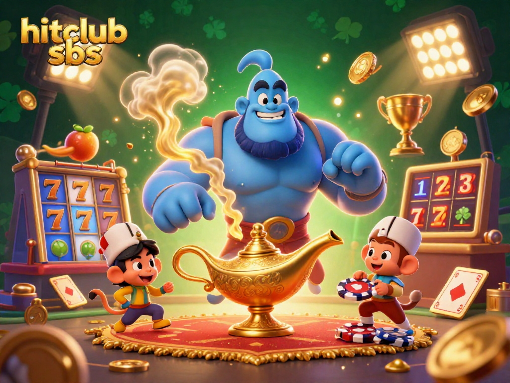 Engage with hitclub sbs through an exciting visual of a blue genie, poker chips, and dynamic slot symbols.