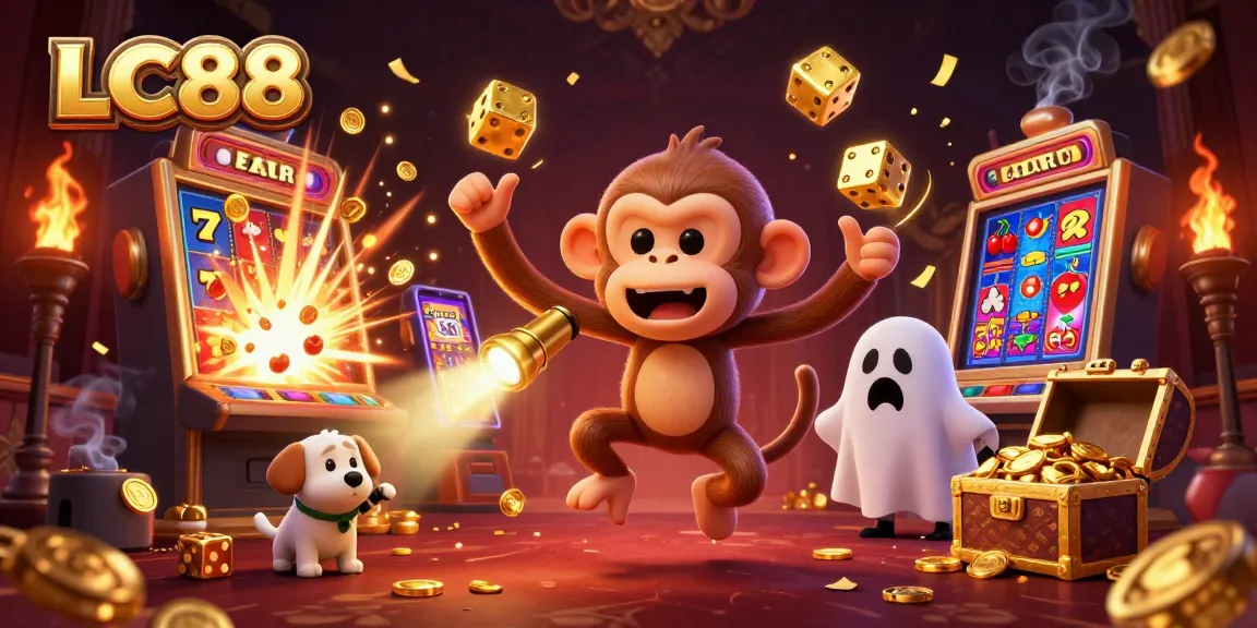 Exciting LC88 casino scene with a mischievous monkey juggling coins and a curious puppy tracking it.