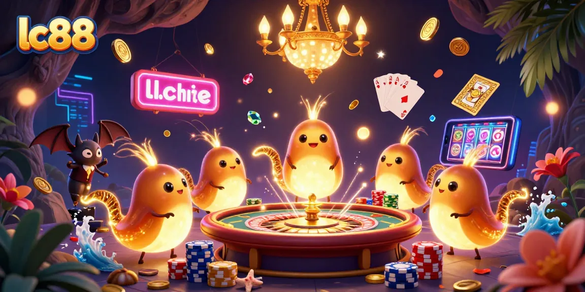 Join the vibrant lc88 casino scene with glowworms lighting the way while a bat dealer manages games.