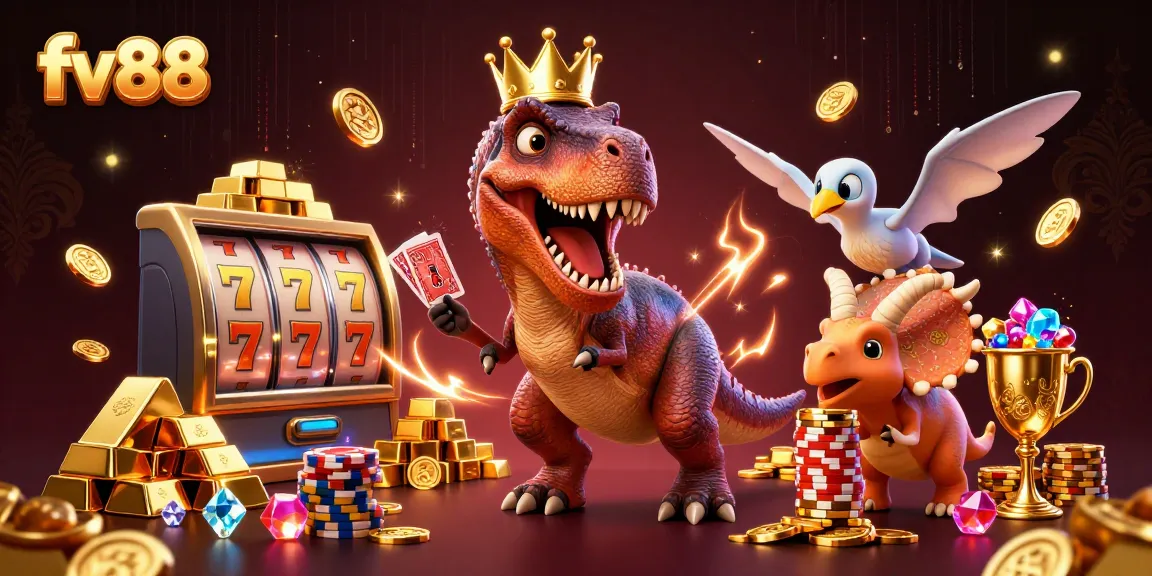 fv88 features a friendly T-Rex shuffling cards amidst a gambling scene with treasure and slot elements