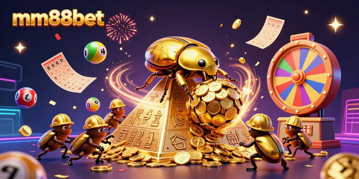 Experience mega wins with mm88bet in this vibrant casino-themed illustration featuring golden coins and lottery excitement.