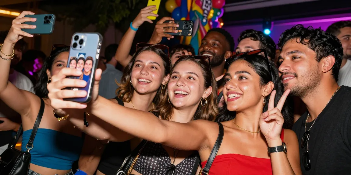 Friends celebrating at a party, using the celebrity look alike app to find their doppelgängers.