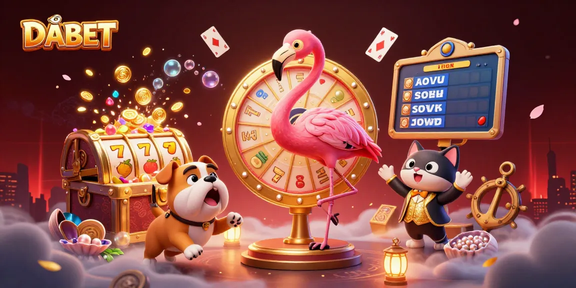 DABET spins excitement with a game show host, bulldog contestant, and prizes in a vibrant casino scene.