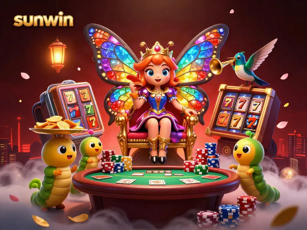 Experience the vibrant world of sunwin, where a butterfly queen presides over a casino scene filled with slot machines and colorful poker chips.