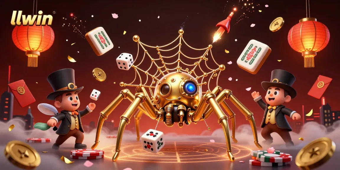 llwin gamblers enjoy immersive fun with a steampunk spider catching dice in a rich casino atmosphere.
