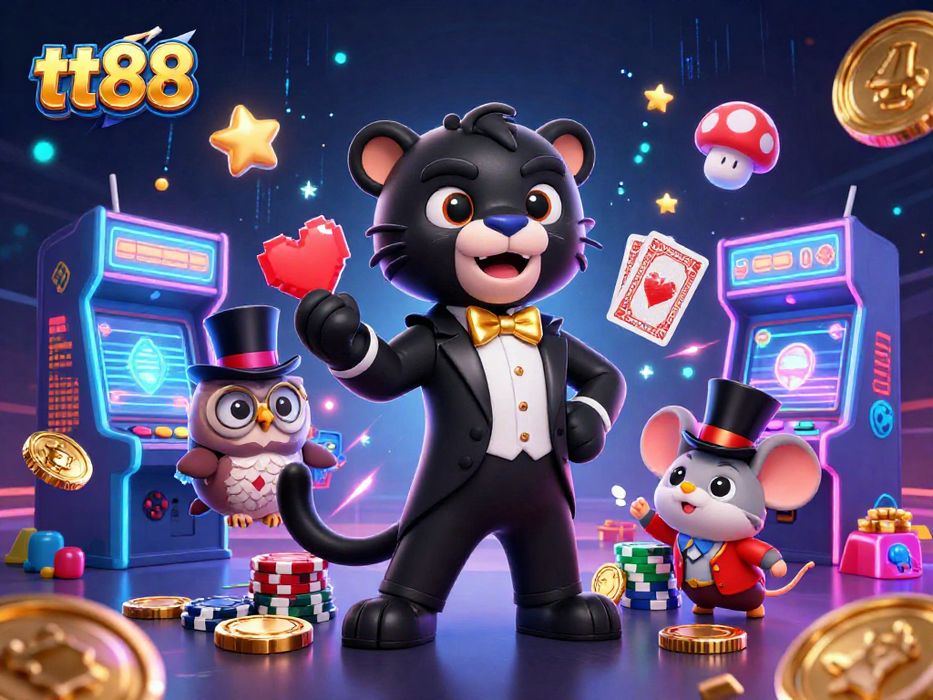 Engage with tt88 while the panther deals cards and the owl holds poker chips in a vibrant casino