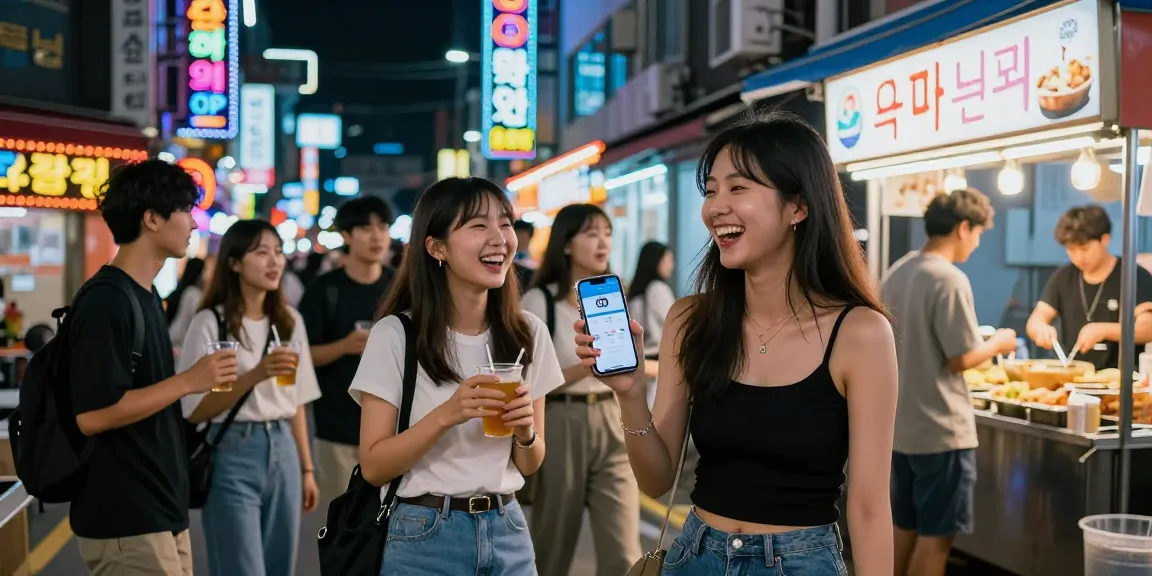 Enjoying a vibrant night out at an 오피사이트 with friends, capturing the lively urban atmosphere in Korea.