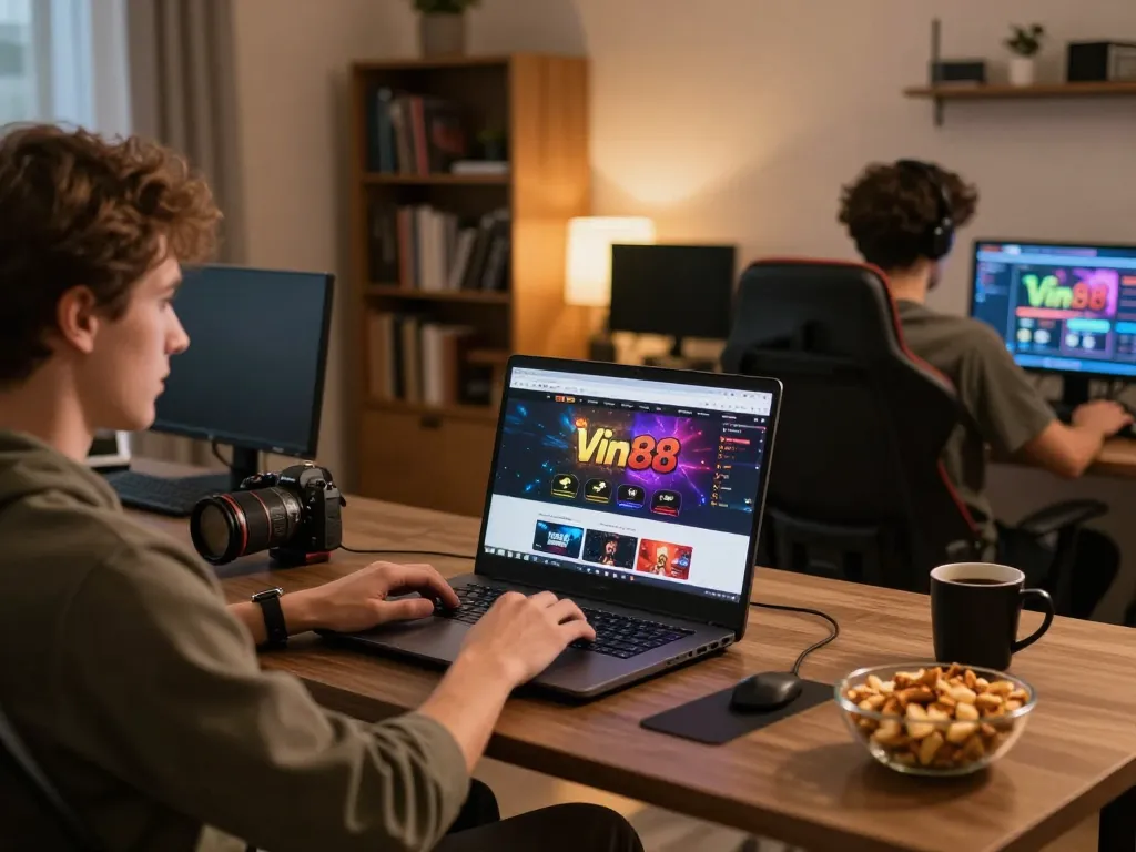 Vin88 player engaging in an online casino session at home, laptop displaying betting options clearly, showcasing excitement in gameplay.