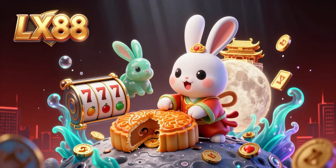 LX88 game strategies represented by a folklore moon rabbit pounding mooncakes revealing poker chips amidst colorful slot elements.