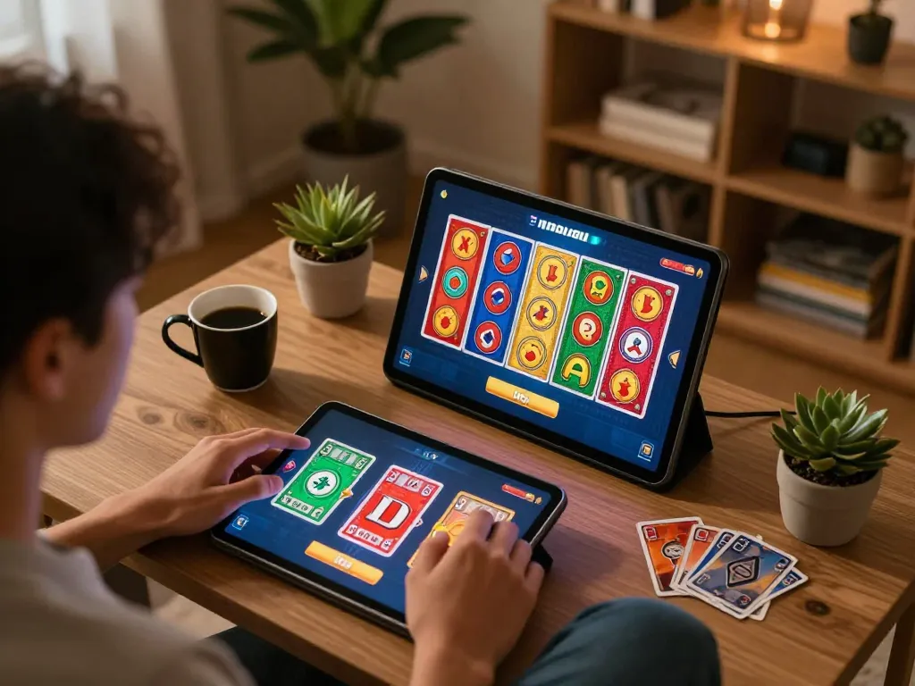 Nohu90 user actively playing slots on a tablet in a cozy home setting