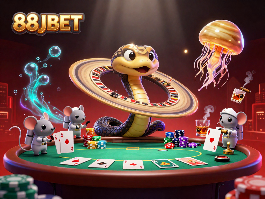 Bet on fun with 88JBET as playful astronauts gamble around a cosmic roulette wheel.
