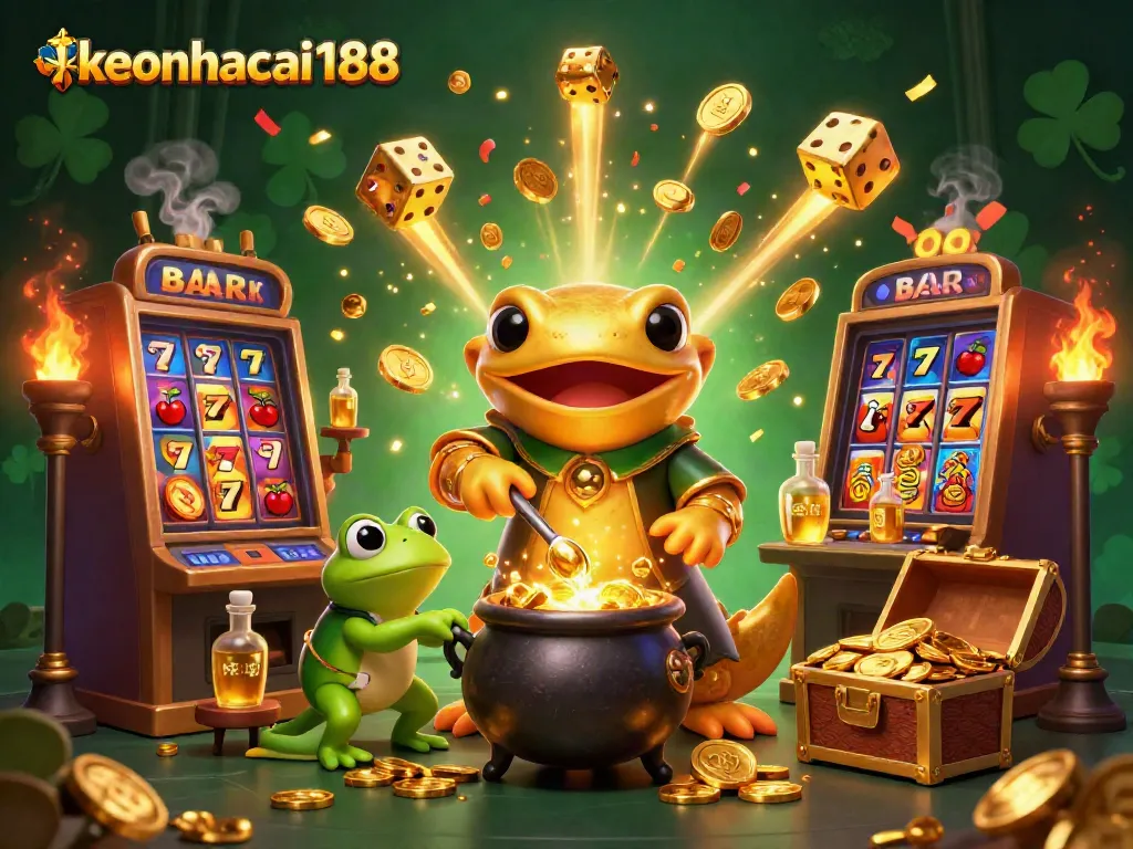 Engage with thrilling gaming experiences at keonhacai188, featuring a golden salamander alchemist in a vibrant casino scene.