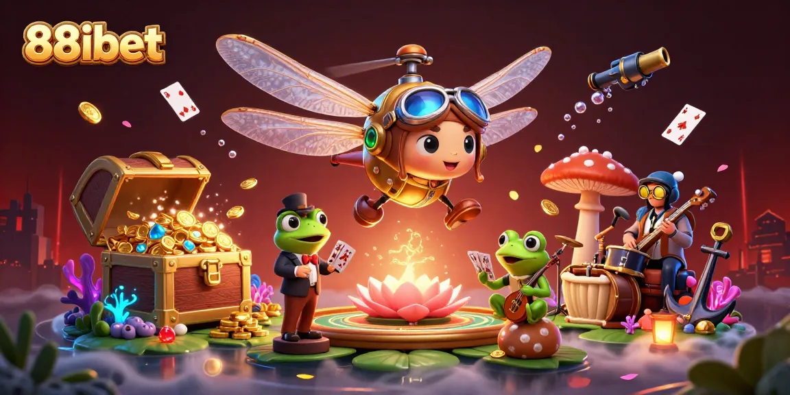 Engage in thrilling gameplay with 88ibet's unique frog croupier and dragonfly pilot amid a vibrant casino atmosphere.