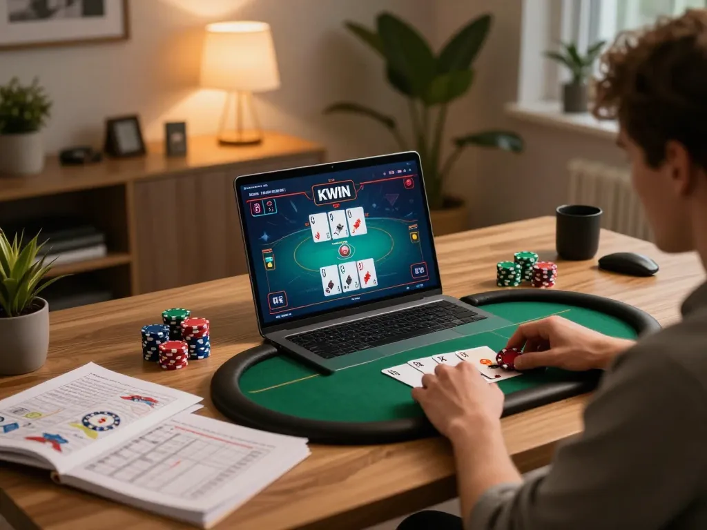KWIN player enjoying online poker in a stylish home office with strategy notes nearby.
