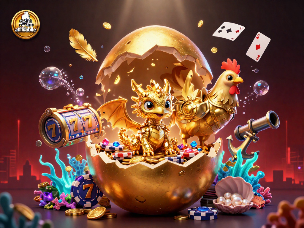 Immagine di un drago dorato e un uovo in un casinò non AAMS affidabile con simboli di gioco e tesori sottomarini.