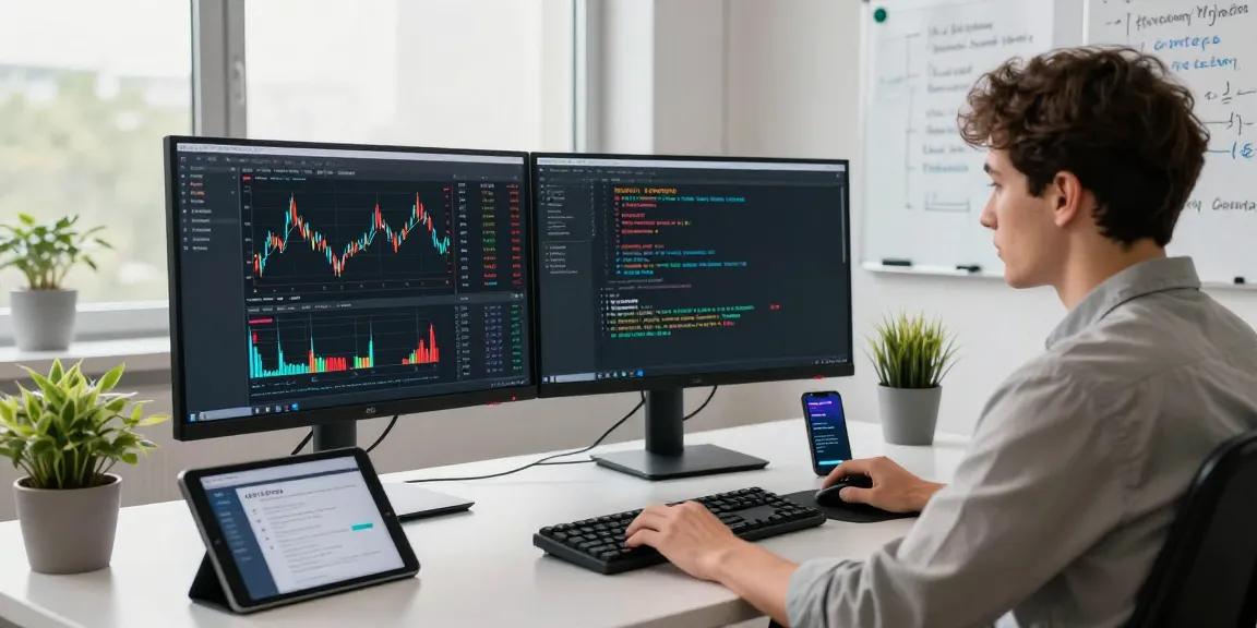 Detailed workspace showing Germany stock backtesting API analysis on monitors, enhancing trading strategies and market insights.