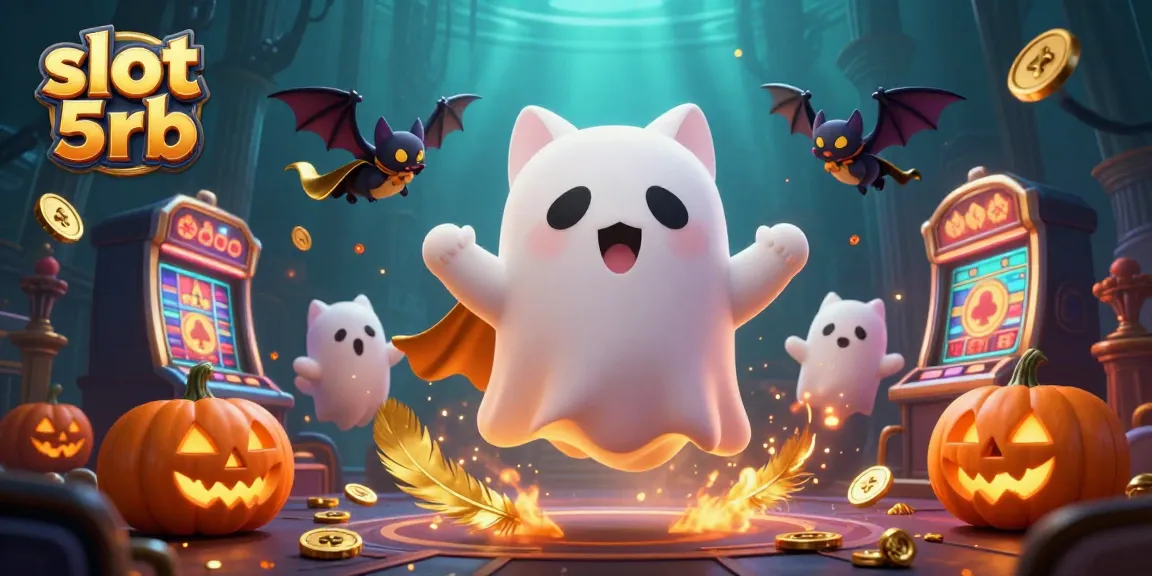 Win big with the slot 5rb in a vibrant haunted casino scene filled with ghostly characters.