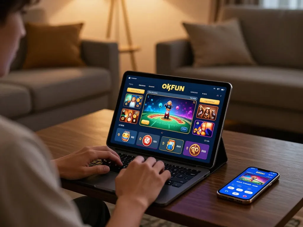Person engaging in online gaming with okfun đăng nhập in a cozy living room, showing casino game screens.