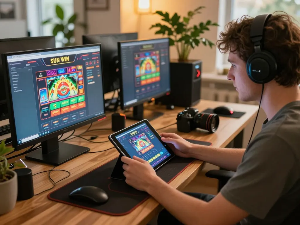 SUN WIN app on a tablet with a player engaged in online casino gaming, showcasing a cozy home setup.