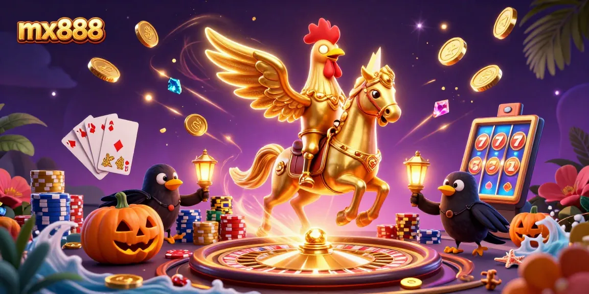 Win big at mx888 casino with an enchanting golden rooster riding a spectral horse amid a thrilling gaming scene.