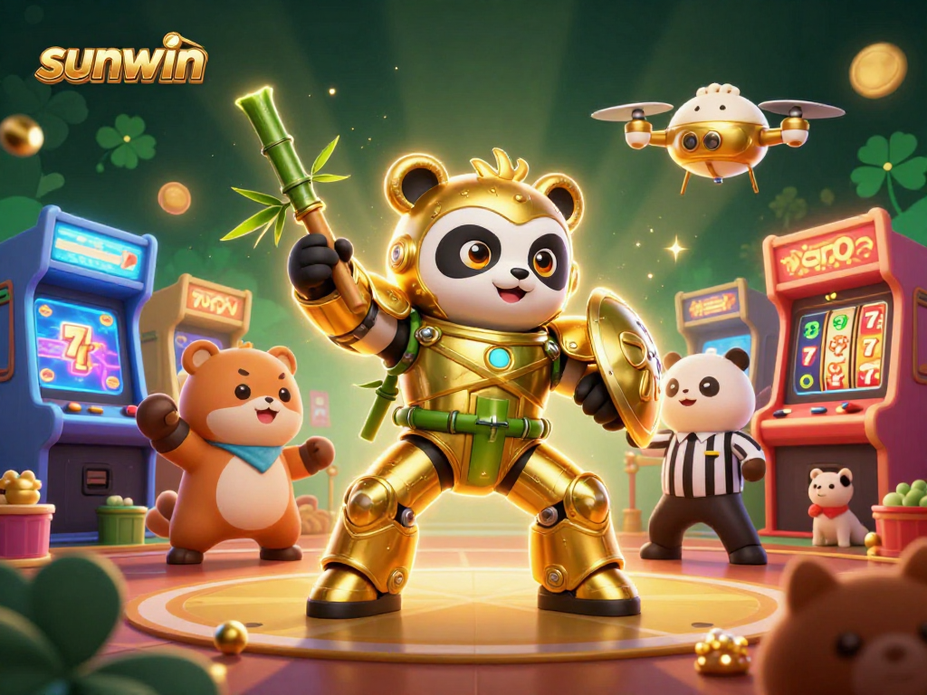 Engage with sunwin's thrilling scene featuring a golden panda in a dynamic casino setting with arcade elements and slot symbols.
