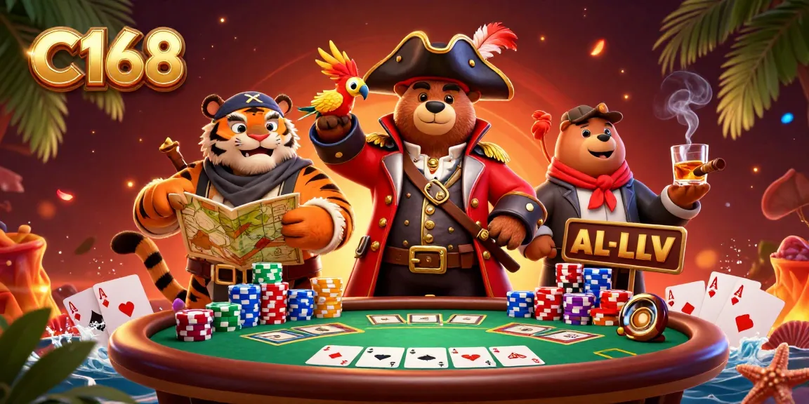 Experience the thrill of C168 with a vibrant scene featuring a pirate bear, tiger, and parrot at a poker game.