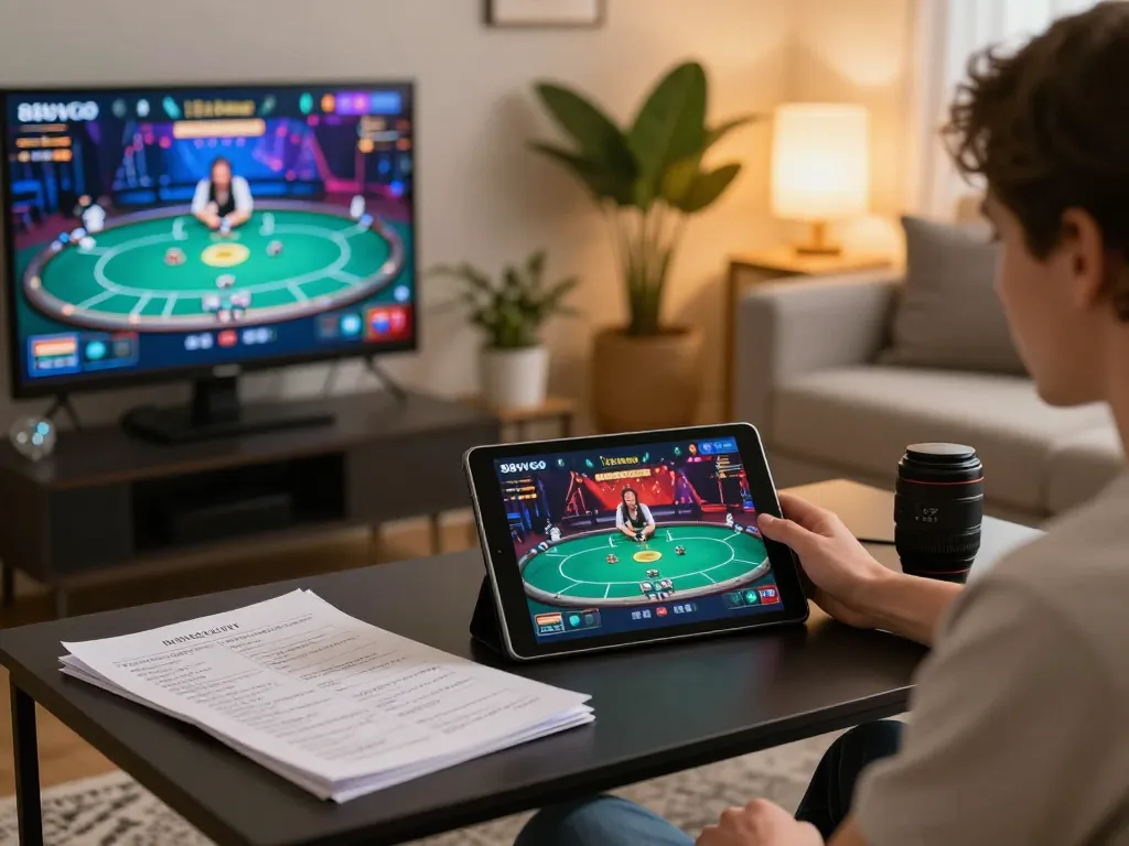 Engaging with the 88vvgo app for immersive online casino gameplay in a cozy home setting.