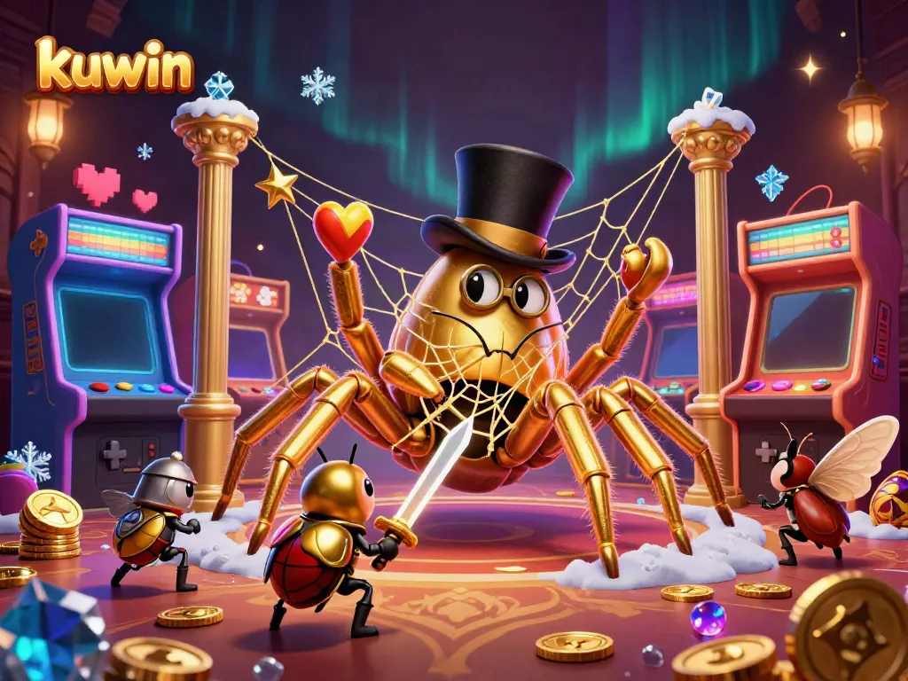 Engage with kuwin's dynamic casino world featuring a bold golden tarantula and a beetle knight amidst vibrant game machines.