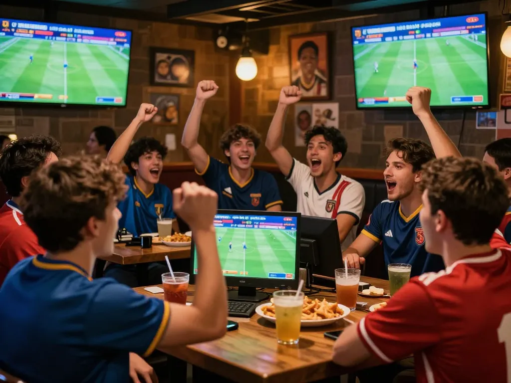 Excited group celebrating their kèo nhà cái 5 soccer bet victory at a sports betting bar.